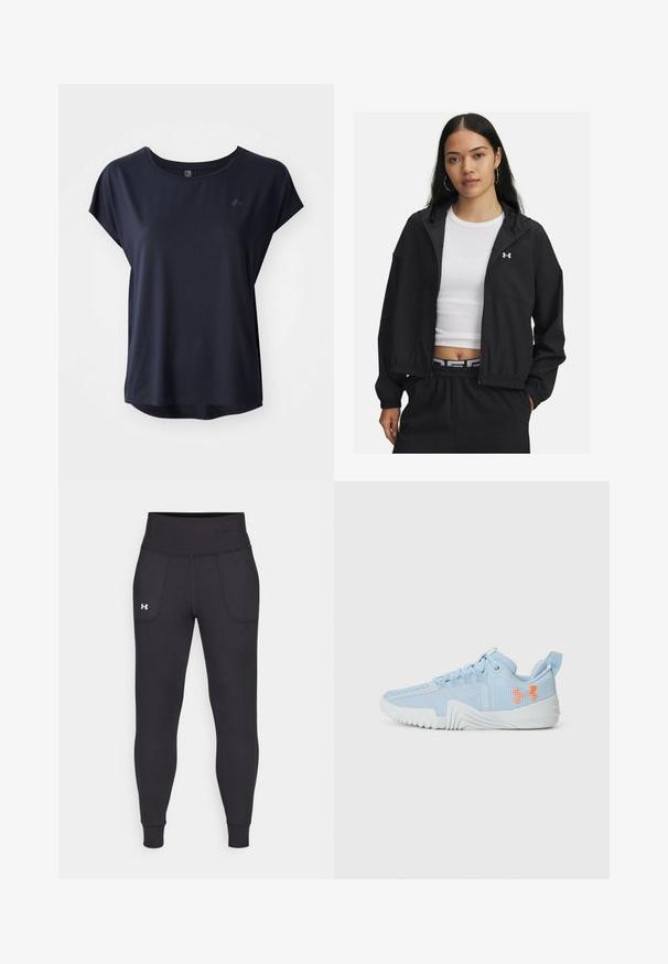 Črna zip majica s kapuco in elastičnimi manšeti, ki se ponaša s sleek dizajnom. Tkanina se zdi gladka, na prsih je logotip Under Armour.; Mornarji modra športna majica s kratkimi rokavi, mehka tkanina, okrogla vrata in rahlo ukrivljen rob. Majhen logotip na sprednji strani.; Črne atletske legice iz raztegljivega materiala, ki imajo visok pas, stranske žepke in tesne manšete pri gležnjih.; Svetlo modra športna čevlja iz mrežnega materiala s teksturirano podplatom, opremljena z oranžno logotipom in vezalnim dizajnom.