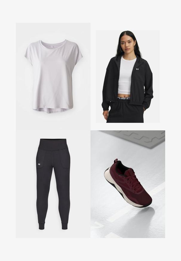Giacca nera con zip, cappuccio e polsini elastici, caratterizzata da un design elegante. Il tessuto appare liscio, con il logo Under Armour sul petto.; Maglietta atletica grigia chiara a maniche corte realizzata in tessuto morbido e traspirante; scollatura rotonda con orlo leggermente curvato per una vestibilità comoda.; Leggings atletici neri realizzati in materiale elastico, con un alto giro vita, tasche laterali e polsini aderenti alla caviglia.; Scarpa atletica color borgogna con tomaia in rete, dettagli neri e suola bianca ammortizzata. Presenta chiusura con lacci e una linguetta sul tallone.