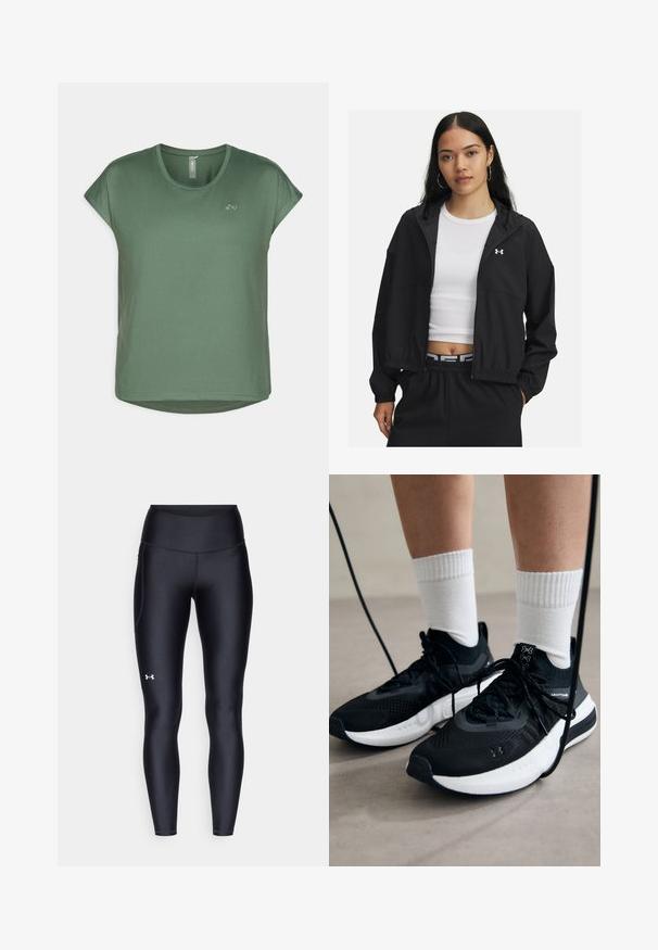 Schwarze Zip-Jacke mit Kapuze und elastischen Bündchen, die ein schlankes Design aufweist. Der Stoff wirkt glatt, mit einem Under Armour-Logo auf der Brust.; Grünes T-Shirt mit kurzen Ärmeln, Rundhalsausschnitt, weichem Stoff, lockerem Schnitt und einem dezenten Logo-Detail auf der Vorderseite.; Schwarze Leggings aus glattem, elastischem Material mit einem hohen Bund. Mit einem weißen Logo auf dem linken Oberschenkel und tailliertem Design.; Schwarze Sportschuhe aus strukturiertem Stoff, mit weißer Sohle und schwarzen Schnürsenkeln. Tragen mit weißen gerippten Socken, stehen auf einer hellen Fläche.