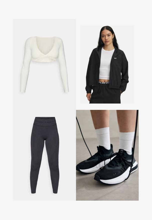 Sort lynlåset jakke med hætte og elastiske manchetter, som har et stilrent design. Stoffet ser glat ud, med et Under Armour-logo på brystet.; Hvid langærmet crop top med dyb V-udskæring og twistet frontdesign, lavet af et glat, strækbart stof.; Sorte tights med en høj elastisk talje, der har teksten "UNDER ARMOUR". Glat tekstur med subtile mønsterindslag langs benene.; Sorte sportssko med tekstureret stof, hvid sål og sorte snørebånd. Båret med hvide ribbede sokker, stående på en lys overflade.
