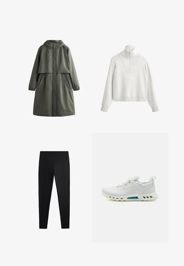 Olive green waterproof coat with a hood, elasticized cuffs, two side pockets, and a layered design. Smooth texture and mid-length cut.; Light gray sweatshirt with a high collar, featuring a half-zip and ribbed texture. Boxy shape with drop shoulders and a structured design.; Black leggings made of smooth, stretchy fabric. Features a wide waistband and tapered leg design, suitable for active or casual wear.; White athletic shoes with a smooth synthetic upper, perforated designs, and light blue accents. Thick sole with ventilation cutouts.