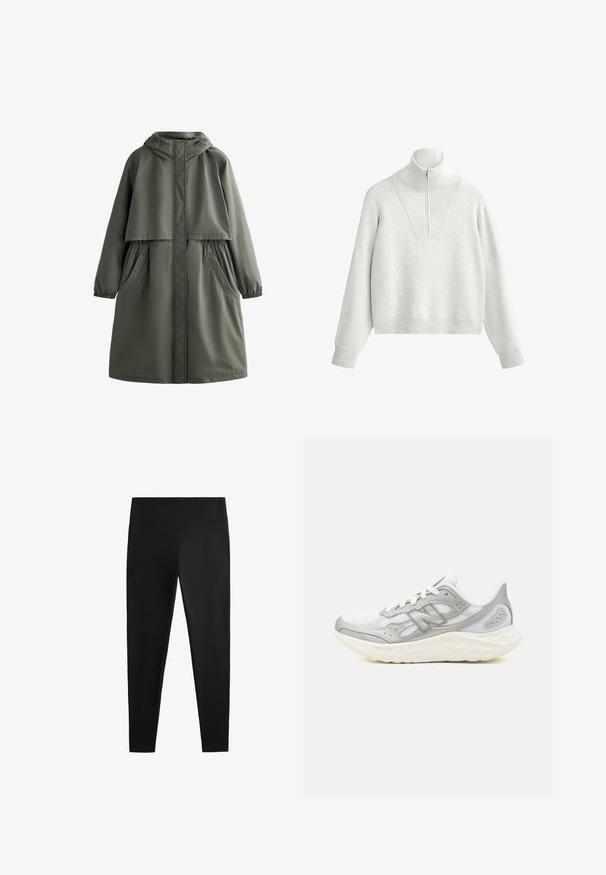 Maslinasto zeleni vodootporni kaput s kapuljačom, elastičnim manžetama, dva bočna džepa i složenim dizajnom. Glatka tekstura i srednja dužina.; Svjetlosiva dukserica s visokim ovratnikom, koja sadrži pola zatvarača i rebrastu teksturu. Ima kutni oblik s spuštenim ramenima i strukturiranim dizajnom.; Crne tajice izrađene od glatkog, rastezljivog materijala. Imaju široki pojas i suženi kroj nogavica, pogodne za aktivno ili ležerno nošenje.; Sive i bijele mrežaste tenisice za trčanje s uvećanim đonom. Značajke uključuju teksturiranu gornjište, zatvaranje vezicama i istaknuti brend logo.