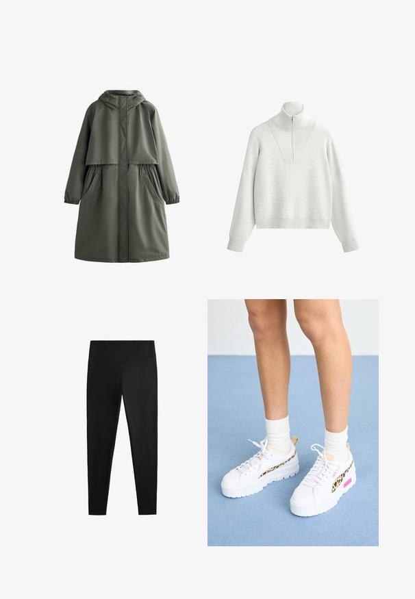 Olive green waterproof coat with a hood, elasticized cuffs, two side pockets, and a layered design. Smooth texture and mid-length cut.; Light gray sweatshirt with a high collar, featuring a half-zip and ribbed texture. Boxy shape with drop shoulders and a structured design.; Black leggings made of smooth, stretchy fabric. Features a wide waistband and tapered leg design, suitable for active or casual wear.; Puma MAYZE - Trainers - white/granola