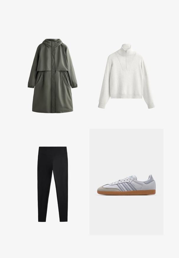 Olivově zelený nepromokavý kabát s kapucí, elastickými manžetami, dvěma bočními kapsami a vrstveným designem. Hladká textura a střední délka.; Světle šedá mikina s vysokým límcem, která má půlzip a žebrovanou strukturu. Kostičkový tvar s kleslými rameny a strukturovaným designem.; Černé legíny vyrobené z hladkého, elastického materiálu. Mají široký pas a zúžený střih nohavic, vhodné pro aktivní nebo volnočasové nošení.; Bílé kožené tenisky s světle modrými akcenty, šedým semišovým špičkou a hnědou gumovou podrážkou. Obsahují tři modré pruhy a branding "Samba".
