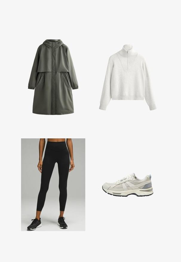 Oliven grøn vandtæt jakke med hætte, elastiske manchetter, to sidelommer og et lagdelt design. Glat tekstur og mellem-længde.; Lys grå sweatshirt med høj krave, udstyret med en halv-zip og ribbet tekstur. Boxy skæring med drop-skuldrer og en struktureret design.; Sorte højtaljede leggings med en glat tekstur og tætsiddende design, parret med sorte atletiske sko med en hvid sål.; Beige atletiksko med tekstureret mesh-overdel og glatte detaljer. Har en polstret sål, forstærket tå og sort gummiydersål.