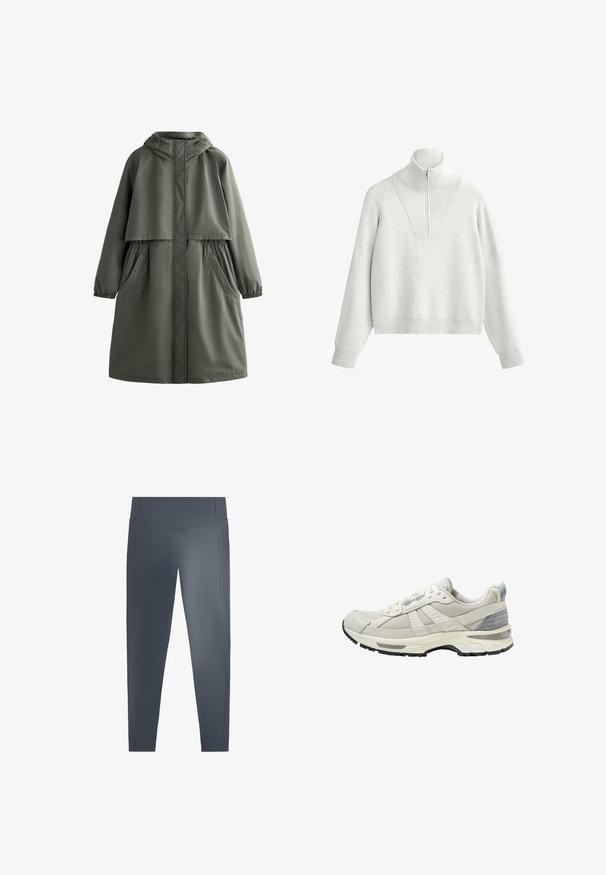 Olivgrüner wasserdichter Mantel mit Kapuze, elastischen Bündchen, zwei seitlichen Taschen und einem abgestuften Design. Glatte Textur und mittellanger Schnitt.; Hellgrauer Pullover mit hohem Kragen, ausgestattet mit einem Halb-Reißverschluss und geripptem Material. Boxy-Schnitt mit überschnittenen Schultern und strukturiertem Design.; Dunkelgraue Leggings mit glatter Textur, hohem Taillenbund und zwei Seitentaschen. Verfügt über minimalen Nähten und ein tailliertes Beinkonzept.; Beiger Sportschuh mit strukturiertem Mesh-Obermaterial und glatten Akzenten. Verfügt über eine gepolsterte Sohle, verstärkte Zehenpartie und schwarze Gummiaußensohle.