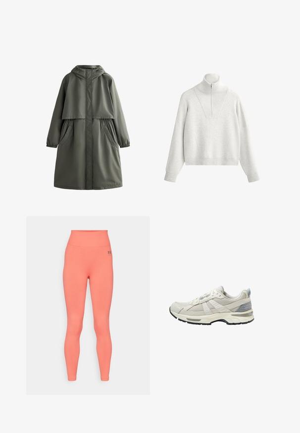 Olivgrüner wasserdichter Mantel mit Kapuze, elastischen Bündchen, zwei seitlichen Taschen und einem abgestuften Design. Glatte Textur und mittellanger Schnitt.; Hellgrauer Pullover mit hohem Kragen, ausgestattet mit einem Halb-Reißverschluss und geripptem Material. Boxy-Schnitt mit überschnittenen Schultern und strukturiertem Design.; Hoch taillierte Leggings in leuchtendem Korallfarben, aus dehnbarem Stoff. Mit glatter Textur und einem kleinen schwarzen Logo am Bund.; Beiger Sportschuh mit strukturiertem Mesh-Obermaterial und glatten Akzenten. Verfügt über eine gepolsterte Sohle, verstärkte Zehenpartie und schwarze Gummiaußensohle.