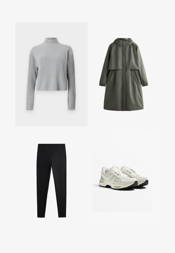 Olivgrüner wasserdichter Mantel mit Kapuze, elastischen Bündchen, zwei seitlichen Taschen und einem abgestuften Design. Glatte Textur und mittellanger Schnitt.; Grau gerippter Rollkragenpullover mit langen Ärmeln, cropped Saum, weicher Textur und taillierter Passform. Keine sichtbaren Beschläge oder Muster.; Schwarze Leggings aus glattem, dehnbarem Stoff. Mit einem breiten Bund und tailliertem Bein Design, geeignet für aktive oder lässige Kleidung.; Leichte Laufschuhe in Beige und Grau. Obermaterial aus Mesh, Gummisohle, Schnürsenkel mit verstärkten Ösen und ein strukturiertes Fersenakzent.