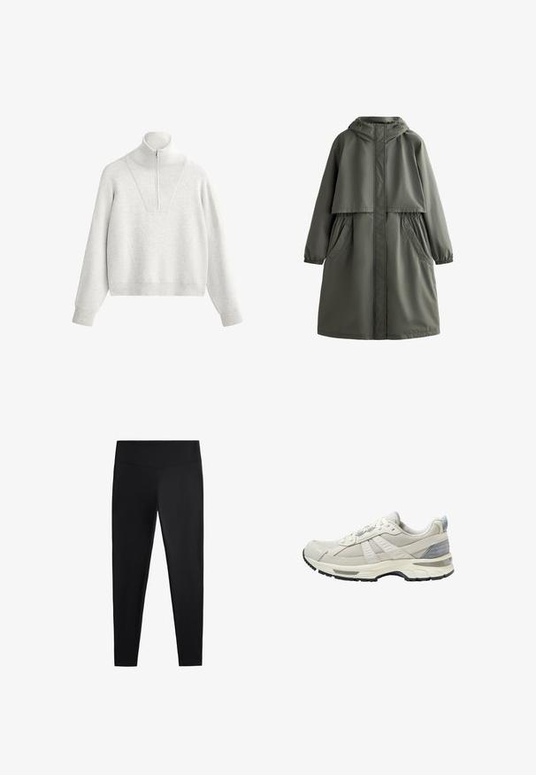 Olivgrüner wasserdichter Mantel mit Kapuze, elastischen Bündchen, zwei seitlichen Taschen und einem abgestuften Design. Glatte Textur und mittellanger Schnitt.; Hellgrauer Pullover mit hohem Kragen, ausgestattet mit einem Halb-Reißverschluss und geripptem Material. Boxy-Schnitt mit überschnittenen Schultern und strukturiertem Design.; Schwarze Leggings aus glattem, dehnbarem Stoff. Mit einem breiten Bund und tailliertem Bein Design, geeignet für aktive oder lässige Kleidung.; Beiger Sportschuh mit strukturiertem Mesh-Obermaterial und glatten Akzenten. Verfügt über eine gepolsterte Sohle, verstärkte Zehenpartie und schwarze Gummiaußensohle.