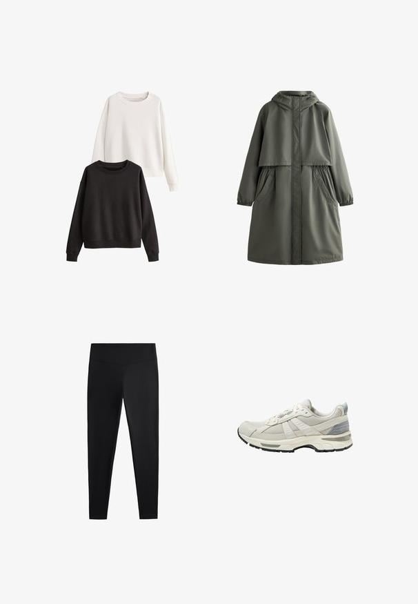 Olíva zöld vízálló kabát kapucnival, rugalmas mandzsettákkal, két oldalsó zsebbel és réteges kialakítással. Simas textura és középhosszú fazon.; Két pulóver: az egyik fehér, a másik fekete. Mindkettő hosszú ujjal, kerek nyakkivágással és puha, pamutszerű textúrával rendelkezik.; Fekete leggings sima, rugalmas anyagból. Széles derékpánt és szűkülő lábzárás jellemzi, alkalmas aktív vagy laza viseletre.; Világos bézs sportcipő hálós felsőrésszel, texturált rávarrásokkal, lapos fűzőkkel és párnázott talppal. Fekete gumitalppal rendelkezik a jobb tapadás érdekében.