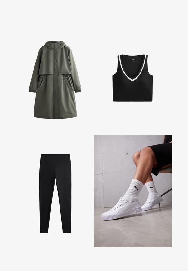 Mantie impermeabilă de culoare verde măslin, cu glugă, mănuși elastice, două buzunare laterale și un design stratificat. Textură netedă și croială de lungime medie.; Top scurt negru cu decolteu adânc în V, având margini albe de-a lungul gâtului și brațelor. Fabricat dintr-un material neted și elastic.; Colanți negri realizați dintr-un material neted și elastic. Prezintă o talie lată și un design cu picioare conice, potriviți pentru activități sportive sau purtat casual.; Adidași albi cu un superior sintetic neted, talpă structurată și accente texturate. Purtați cu șosete albe cu dungi, având un mic logo.