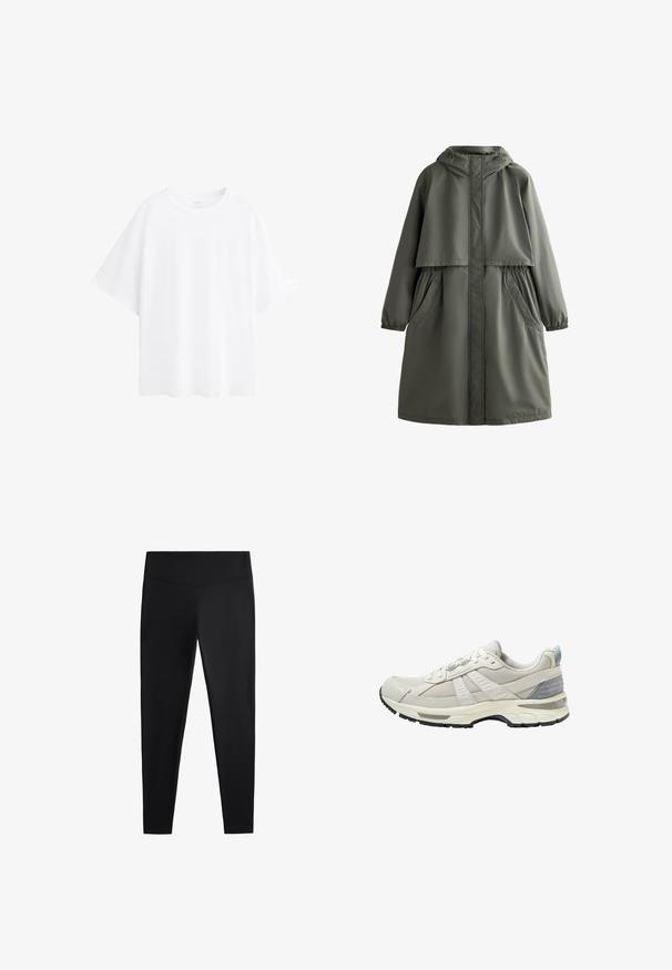 Olivno zeleni vodoodporni plašč s kapuco, elastičnimi manšetami, dvema stranskima žepoma in plastebnim dizajnom. Gladka tekstura in srednje dolžine.; Bela oversajana majica iz bombaža, z kratkimi rokavi, okroglim izrezom in gladko teksturo. Brez vzorcev ali dodatkov.; Črne legice iz gladkega, raztegljivega blaga. Imajo širok pas in zožen dizajn nog, primeren za aktivno ali vsakodnevno nošenje.; Bež atletski čevelj z zgornjim delom iz teksturirane mrežice in gladkimi poudarki. Ima oblazinjen podplat, ojačan prstni del in črni gumijasti podplat.