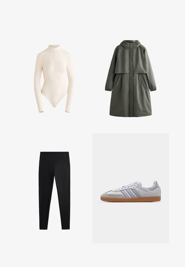 Mantie impermeabilă de culoare verde măslin, cu glugă, mănuși elastice, două buzunare laterale și un design stratificat. Textură netedă și croială de lungime medie.; Body cu mânecă lungă dintr-un material bej deschis, cu guler înalt și fermoar pe față, având un design neted, aderent și un decolteu adânc la spate.; Colanți negri realizați dintr-un material neted și elastic. Prezintă o talie lată și un design cu picioare conice, potriviți pentru activități sportive sau purtat casual.; Tenisi din piele albă cu accente albastre deschise, vârf din suede gri și talpă din cauciuc maro. Prezintă trei dungi albastre și branding "Samba".