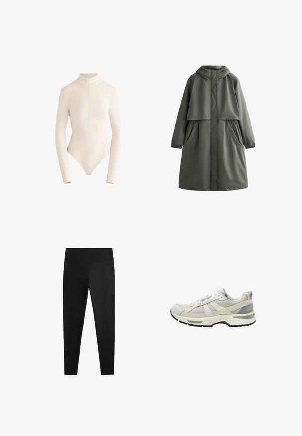 Olivovo zelený nepremokavý kabát s kapucňou, pružnými manžetami, dvoma bočnými vreckami a vrstveným dizajnom. Hladká textúra a stredná dĺžka.; Dlhý rukáv body z svetlej béžovej tkaniny s vysokým golierom a predným zipsom, ktorý sa vyznačuje hladkým, priliehavým strihom a hlbokým výstrihom na chrbte.; Čierne legíny vyrobené z hladkej, elastickej tkaniny. Majú široký pás a zoštíhlený strih nohavíc, vhodné na aktívne alebo príležitostné nosenie.; Béžová športová obuv s textúrovaným sieťovinovým zvrškom a hladkými akcentmi. Má odpruženú podrážku, spevnenú špičku a čiernu gumovú podrážku.