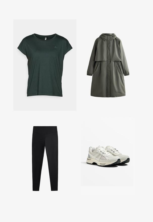 Olivno zeleni vodoodporni plašč s kapuco, elastičnimi manšetami, dvema stranskima žepoma in plastebnim dizajnom. Gladka tekstura in srednje dolžine.; ONLY Play ONPAUBREE LIFE ON BAT LOOSE - Športne majice - scarab; Črne legice iz gladkega, raztegljivega blaga. Imajo širok pas in zožen dizajn nog, primeren za aktivno ali vsakodnevno nošenje.; Lahki tekaški čevlji v bež in sivi barvi. Mrežna zgornji del, gumijast podplat, vezalke z ojačenimi luknjami za vezalke in teksturiran naglas na peti.