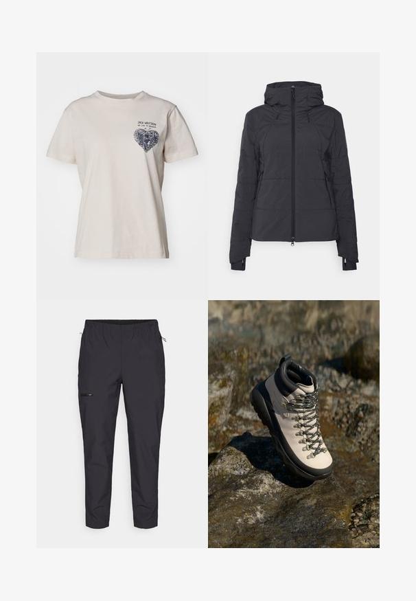 Zwarte geïsoleerde jas met een capuchon, voorzien van een ritssluiting aan de voorkant en elastische manchetten. Het ontwerp bevat gewatteerde panelen voor extra textuur.; Beige katoenen t-shirt met korte mouwen, met een marineblauw hartvormig grafisch ontwerp op de linkerborst met tekst erboven. Normale pasvorm.; Jack Wolfskin PRELIGHT TRAIL - Outdoorbroeken - black; Lichtbeige wandelschoen met een zwarte rubberen zool, flexibele bovenkant, metalen oogjes en grijze veters, geplaatst op een rotsachtige ondergrond.