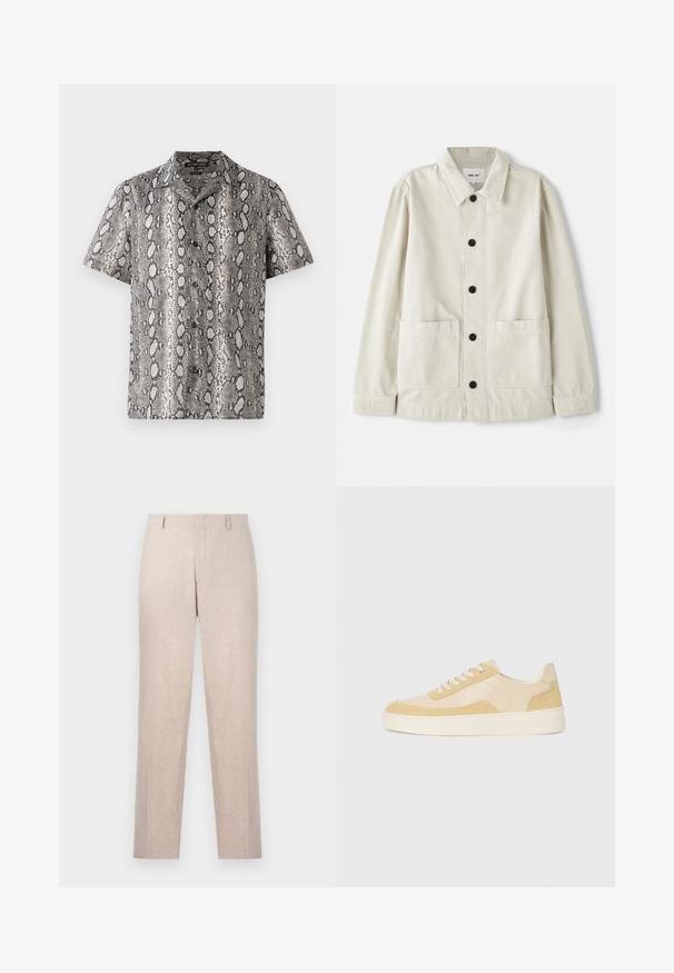Svetlo bež jakna s gumbi iz trpežnega bombaža, z zloženim ovratnikom, dvema sprednjima žepoma in šestimi črnimi gumbi. Gladka tekstura.; Kratka majica s kratkimi rokavi v črno-beli barvi z vzorcem kačjega usnja, ki ima poševni ovratnik in button front detajl. Narejena je iz lahkega materiala.; Svetlo bež hlače prirejene iz teksturirane tkanine. Design ravnih nogavic z dvema sprednjima žepoma in ravnim pasom. Brez vidne opreme.; Tenisice v svetlo rumeni usnjeni in semiš varianti, z udobnim podplatom in šivi. Klasična zasnova z vezalkami in okroglo konico.