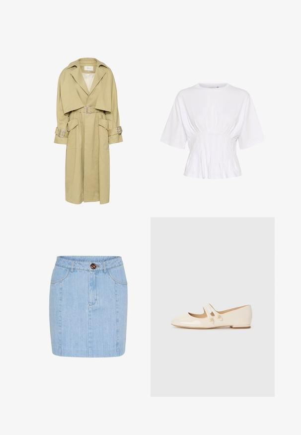 Gestuz SOURI - Trenssi - dark yellow/beige; Valkoinen lyhythihainen paita, joka on valmistettu pehmeästä kankaasta. Tässä paidassa on pyöreä pääntie ja gathered-yksityiskohtia vyötäröllä, mikä luo istuvan ilmeen.; Vaaleansininen farkuhame, suora malli, näkyvät sauman yksityiskohdat ja ruskea nappi vyötäröllä. Keskireiteen pituinen.; Ivoire patenttanhkakengät, joissa on kaksi koristeellista nauhaa ja kultaiset napit. Kengissä on pyöristetty kärki ja matala lohkokorko.