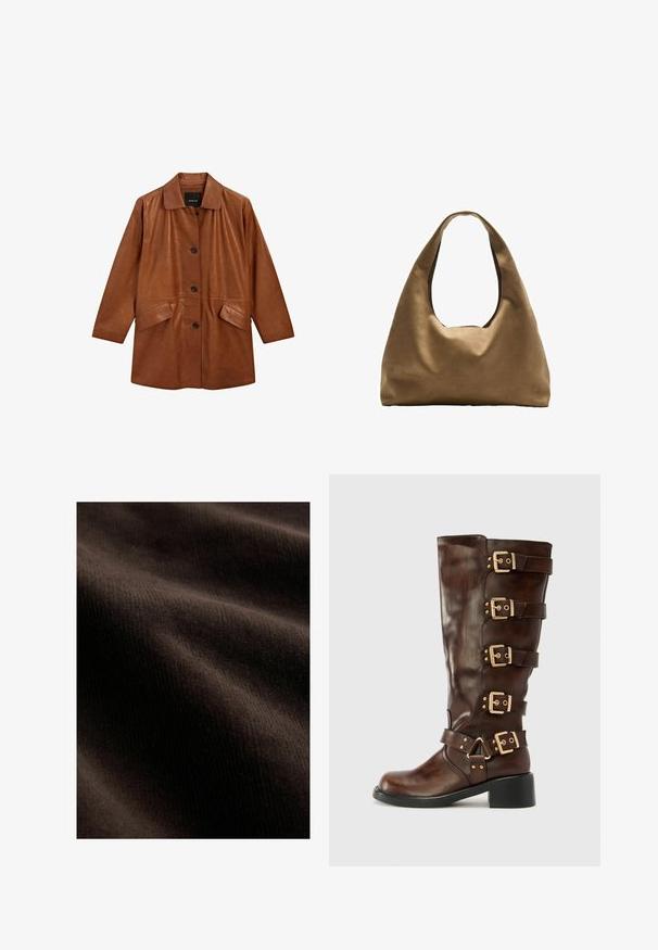 Brown leather coat with a collar, front buttons, and two side pockets. Features a smooth texture and a loose, relaxed fit.; White cotton tank top with a scooped neckline, no sleeves, and a fitted shape. Smooth texture, plain design, and minimal stitching details.; Dark brown fabric with a smooth texture, featuring subtle ridges and waves, creating depth and dimension in the material.; RAID GELINA - Cowboy/Biker boots - brown; Brown fabric shoulder bag with a wide, rounded body and a large cutout handle. Soft texture, minimalistic design, and no visible hardware.