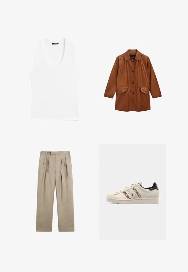 Brauner Ledercoat mit einem Kragen, vorderen Knöpfen und zwei Seitentaschen. Er zeichnet sich durch eine glatte Textur und eine lockere, entspannte Passform aus.; Weißes ärmelloses Tanktop mit rundem Halsausschnitt, aus geripptem Material; einfaches Design ohne Muster oder Verzierungen.; Beige Leinenhosen mit lockerer Passform, die doppelte Frontfalten, einen flachen Bund und gerade Beine aufweisen. Glatte Textur, minimalistisches Design.; Weiße Ledersneaker mit einer strukturierten, cremefarbenen Gummi-Zehenkappe. Verfügt über drei braune Streifen und einen schwarzen Ferseneinsatz. Flache Schnürsenkel und Logo-Detail.