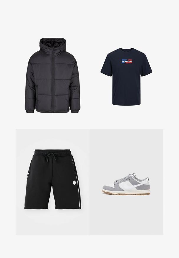 Fekete tollkabát kapucnival, cipzárral az elején és rugalmas mandzsettákkal. Kvarcit kialakítás és sima felület jellemzi, amelyek melegséget és szigetelést biztosítanak.; Tengerészkék pamut póló rövid ujjakkal és kerek nyakkivágással. Téglalap alakú grafika található rajta, fehér, piros és kék "JACK&JONES" felirattal.; Fekete sportnadrág rugalmas derékkal és állítható zsinórral. Fehér oldalcsíkokkal és kör alakú logóval van díszítve.; Szürke és fehér sportcipő, velúr és bőr felsőrésszel, kerek orral, lapos fűzőkkel és gumitalppal, amelyen rágógumi színű díszítés található.