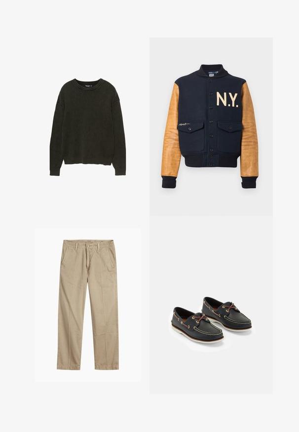 Marineblauwe bomberjack van een wollen mix met bruine lederen mouwen, met "N.Y." in roomkleur, geribbelde manchetten en twee voorzakken.; Donkergroen geribbelde trui met lange mouwen, ronde halslijn en een losse fit. Textuurstof met subtiele stretch. Geen zichtbare hardware of patronen.; Beige rechte pijpen chinos met riemlussen, voorkant met knoop en rits sluiting, en schuine voorzakken.; Marine leren botenschoenen met gele stiksels, rode veters en zilveren oogjes; ronde neus; witte rubberen zool.