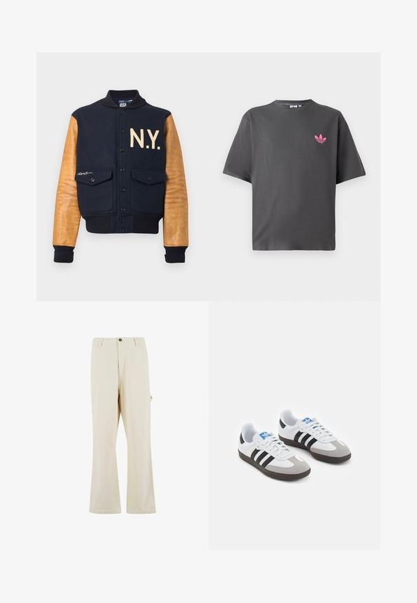 Blouson aviateur en mélange de laine marine avec manches en cuir marron, orné de "N.Y." en crème, poignets côtelés et deux poches avant.; T-shirt gris foncé à manches courtes avec un petit logo trefoil rose Adidas sur la poitrine gauche, présenté sur fond blanc.; Pantalons beige à jambes larges en tissu mélangé coton avec fermeture à bouton. Dotés de poches latérales et d'une texture subtile. Détails de couture visibles.; Baskets avec une tige en cuir blanc, un bout en daim gris et trois bandes noires. Présente un logo bleu sur la languette et une semelle en caoutchouc texturée.