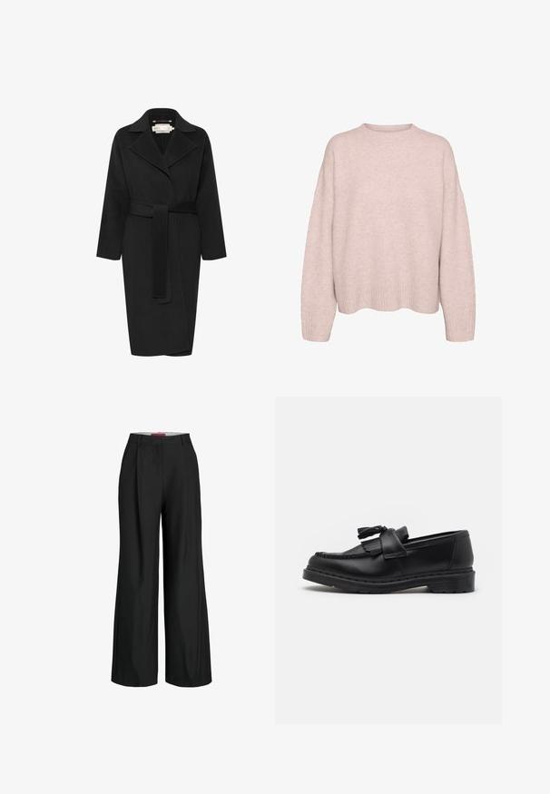 Melnas vilnas mēteles ar jostu ap vidukli, plašu apkakli un garām piedurknēm. Iezīmēts ar gludu līniju dizainu un vidējas garuma piegriezumu. Tekstūrēts audums.; Gaiši rozā, garām piedurknēm adīta džemperis ar ribotiem aprocēm, apakšmalu un apaļu kakla izgriezumu, izlikts uz baltas fona.; Melnas platas bikses ar pielāgotu dizainu, kurām ir krokas un gluda auduma tekstūra. Tīras līnijas un nav redzamu detaļu vai akcentu.; Melnas ādas loafer kurpes ar pušķu akcentu, izšūti raksti gar malām un biezs gumijas zole izturībai.