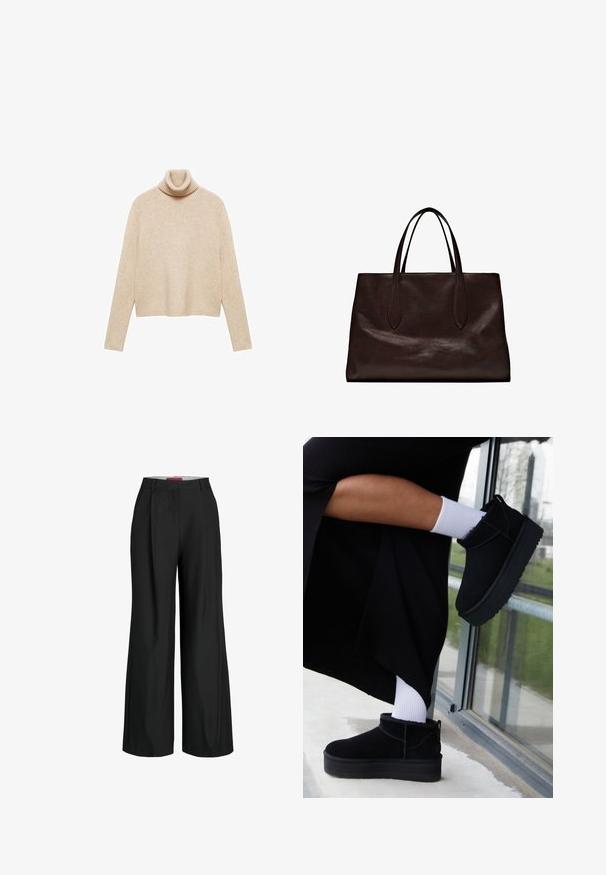 Manteau noir en laine avec taille ceinturée, large col et manches longues. Présente un design épuré avec une coupe mi-longue. Tissu texturé.; Pull en beige à col roulé en maille douce. Il dispose d'un col côtelé, de manches longues et d'un ourlet court pour une coupe décontractée.; Pantalons larges noirs au design impeccable, dotés de plis et d'une texture de tissu lisse. Lignes épurées sans matériel ou accents visibles.; Bottines en cuir suédé noir à semelle plate, avec une languette arrière, portées avec des chevilles blanches sur un fond minimaliste.; Massimo Dutti Sac à main - brown