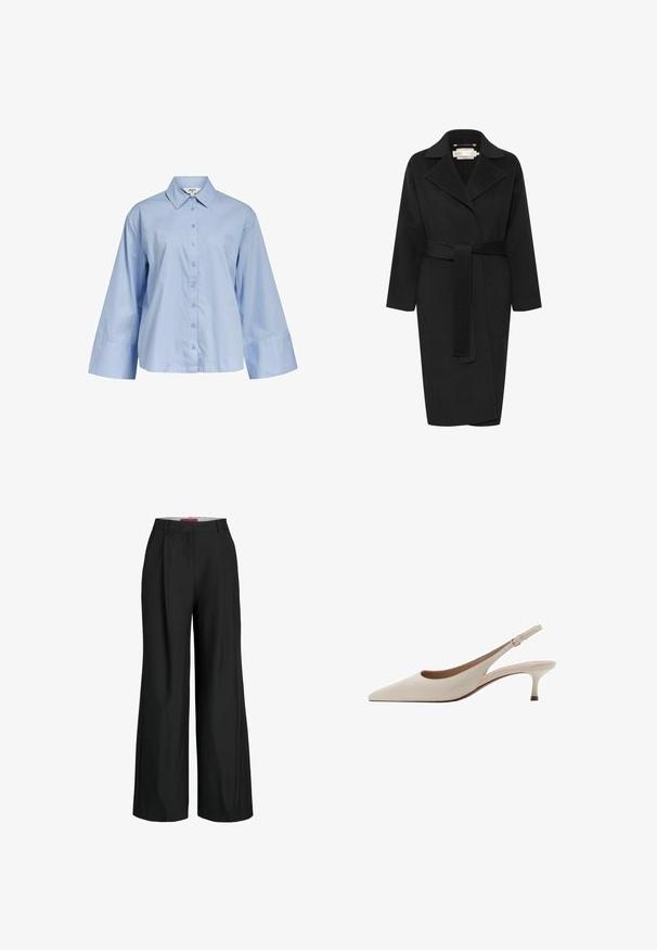 Čierny vlnený kabát s opaskom v oblasti pása, širokým golierom a dlhými rukávmi. Má čistý, moderný dizajn s dĺžkou do polovice stehien. Textúrovaná tkanina.; Object LOOSE FIT - Blúzka so zapínaním na gombíky - serenity; Čierne široké nohavice s priliehavým strihom, s plisovaním a hladkou textúrou látky. Čisté línie bez viditeľného hardvéru alebo akcentov.; Béžové lodičky na opätku s špicatou špičkou a nízkym rozšíreným opätkom. Vyrobené z hladkej kože s minimalistickým dizajnom a nastaviteľným popruhom.