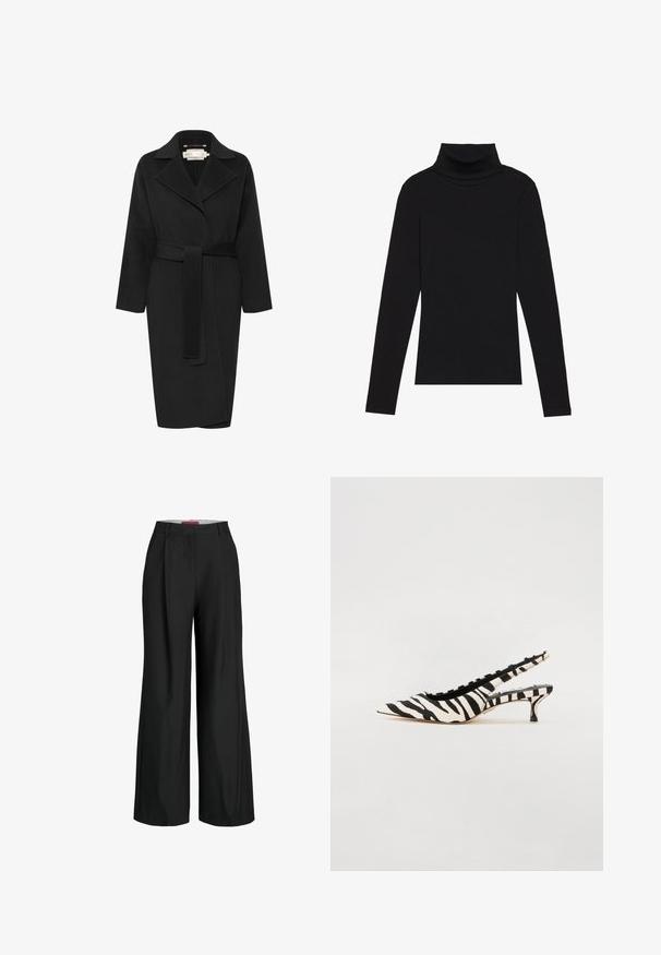 Manteau noir en laine avec taille ceinturée, large col et manches longues. Présente un design épuré avec une coupe mi-longue. Tissu texturé.; Haut à manches longues noir à col roulé, fabriqué en tissu côtelé, présente un design ajusté avec un col haut et sans motifs ni accents.; Pantalons larges noirs au design impeccable, dotés de plis et d'une texture de tissu lisse. Lignes épurées sans matériel ou accents visibles.; Steve Madden KARI - Escarpins - black