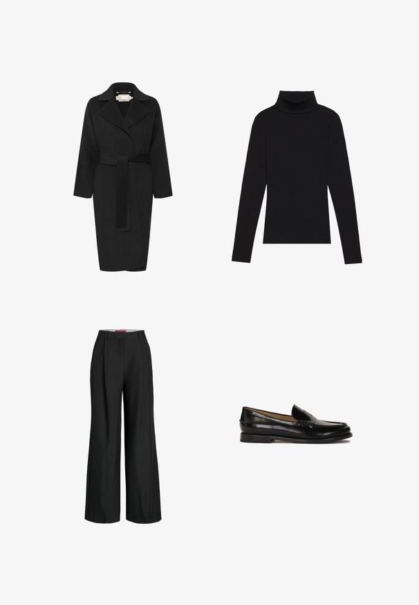 Črn volnen plašč s pasom, širokim ovratnikom in dolgimi rokavi. Ima preprost dizajn s srednje dolžino. Teksturna tkanina.; Črna majica s puloverjem in dolgimi rokavi, izdelana iz rebraste tkanine, ima prilegan kroj s visokim ovratnikom in brez vzorcev ali okrasnih elementov.; Črne široke hlače s krojem, ki vključuje pregibe in gladko teksturo tkanine. Čiste linije brez vidnih kovinskih delov ali dodatkov.; Črne usnjene loafers cipele z zaobljenim nosom, enostavno obuvanje in subtilne šive ob zgornjem delu. Ravna gumijasta podplata.