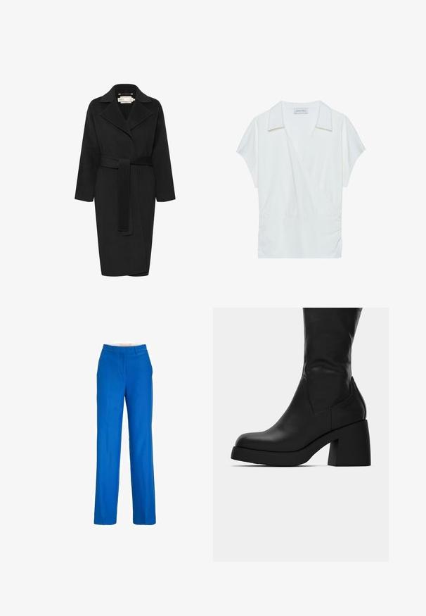 Zwarte wollen jas met een tailleband, brede kraag en lange mouwen. Kenmerkt zich door een strak ontwerp met een middellange pasvorm. Gestructureerde stof.; Witte kraag wikkelblouse gemaakt van soepel stof, met korte mouwen en geplooide details bij de taille voor een relaxte pasvorm.; Blauwe op maat gemaakte broeken met een rechte pijpuitvoering, voorzien van een gladde textuur en een klassieke tailleband. Geen zichtbare patronen of versieringen.; Zwarte leren laars tot halverwege de kuit met een dikke blokhak en een ronde neus, getoond in zijaanzicht op een witte achtergrond.