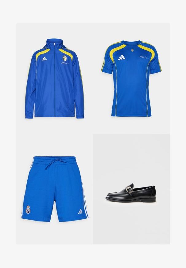 adidas Performance JUVENTUS TURIN URBAN PURIST WINDBREAKER - Klubruházat - team royal blue; adidas Performance JUVENTUS TURIN URBAN PURIST JERSEY - Klubruházat - team royal blue; adidas Performance REAL MADRID DNAWAY SHORTS - Klubruházat - collegiate royal; Fekete bőr mokaszin cipők kerek orral, részletes varrással, ezüstcsattal és alacsony sarokkal. Simább textúrájú, fényes felülettel.