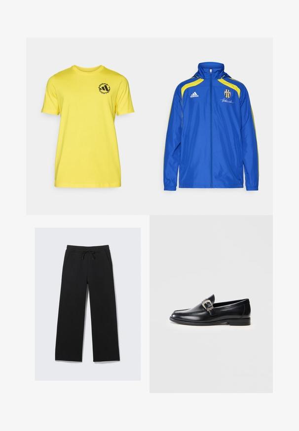 adidas Performance JUVENTUS TURIN URBAN PURIST WINDBREAKER - Klupska odjeća - team royal blue; Žuta pamučna majica kratkih rukava s okruglim izrezom. Na lijevoj strani prsnog dijela ima crni kružni logotip s natpisom.; Crne sweat hlače širokog kroja, izrađene od mekanog materijala. Imaju elastičnu traku u struku s vezicom i bočne džepove. Glatka tekstura.; Crne kožne mokasine s okruglim nožnim prstom, detaljnim šavovima, srebrnim kopčom kao akcentom i niskom petom. Glatka tekstura s poliranim završetkom.