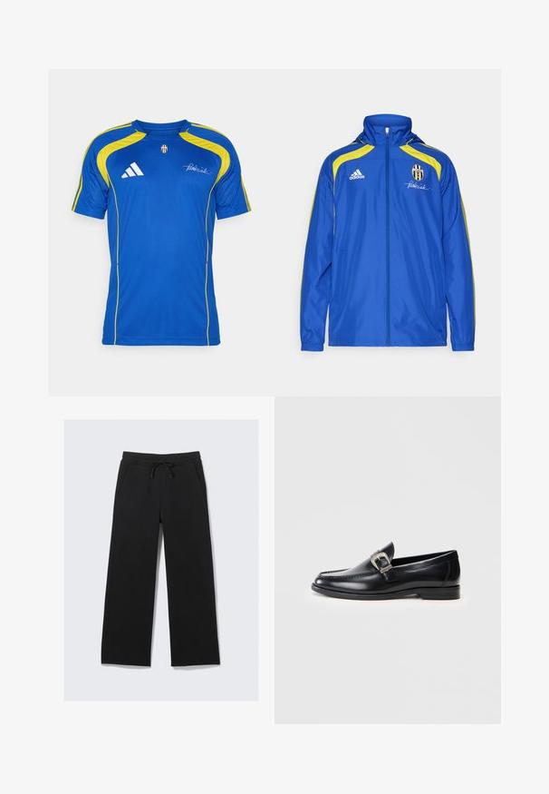 adidas Performance JUVENTUS TURIN URBAN PURIST WINDBREAKER - Fanartikel - team royal blue; adidas Performance JUVENTUS TURIN URBAN PURIST JERSEY - Fanartikel - team royal blue; Zwarte wijde sweatpants gemaakt van een zachte stof. Voorzien van een elastische tailleband met een trekkoord en zijzakken. Glad textuur.; Zwarte leren loafers met een ronde neus, gedetailleerde stiksels, een zilveren gespaccent en een lage hak. Gladde textuur met een gepolijste afwerking.