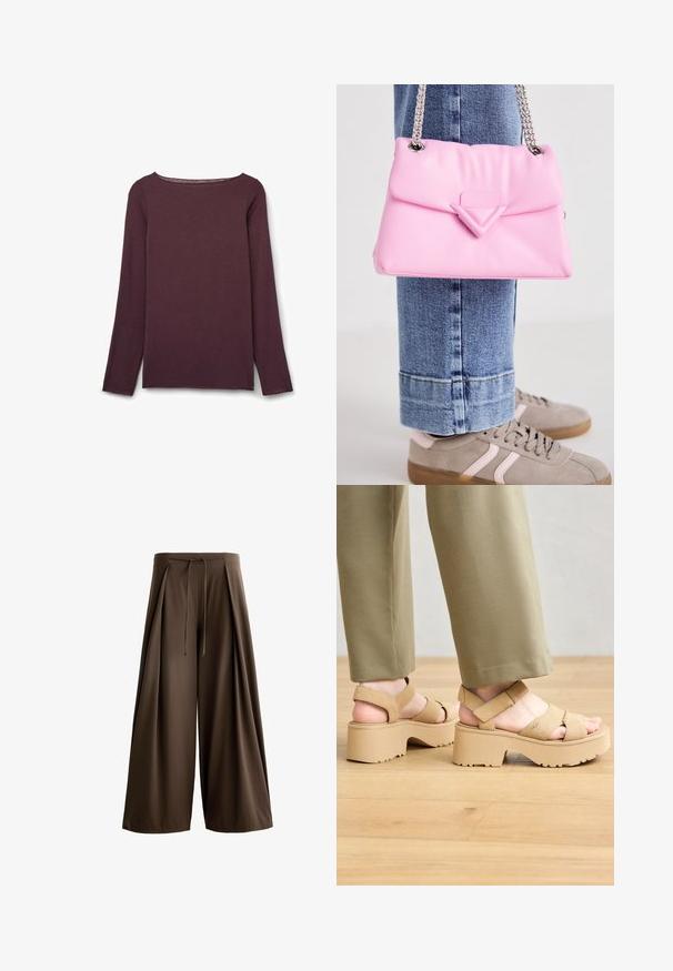 Kurtka puchowa w jasnym beżu, z kapturem, pikowanym wzorem i centralnym zamkiem błyskawicznym. Materiał wydaje się być miękki i ocieplany.; Długi rękaw, top z okrągłym dekoltem w głębokim burgundzie, wykonany z miękkiej tkaniny o gładkiej fakturze i minimalnych detalach szwów.; Czekoladowe spodnie typu wide-leg wykonane z teksturowanej tkaniny, z elastycznym paskiem w talii i fałdami z przodu.; Beżowe zamszowe sandały na platformie z szerokimi paskami i masywną podeszwą. Posiadają regulowany pasek z tyłu oraz teksturowaną podeszwę dla lepszej przyczepności.; Różowa syntetyczna torba o złożonym designie, z trójkątnym akcentem i srebrnym łańcuszkiem. Połączona z jasnoniebieskimi dżinsami i trampkami.