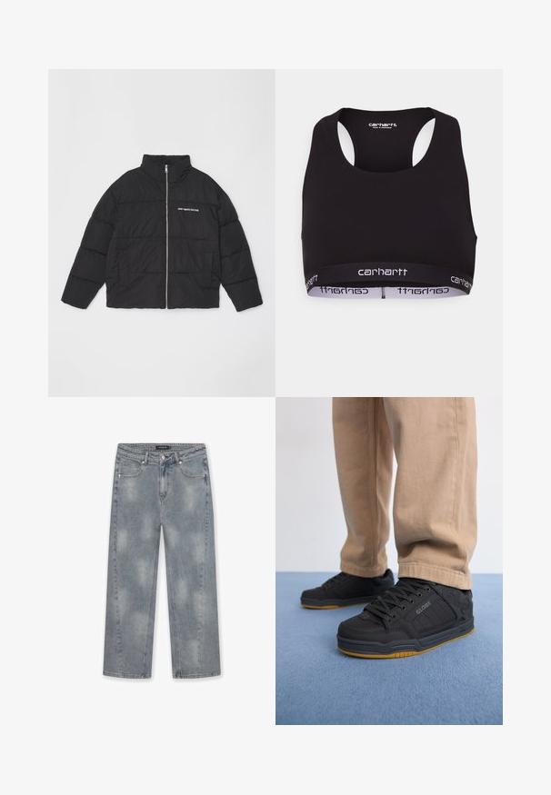 Doudoune noire avec col haut, fermeture éclair et texte brodé "NE JETEZ PAS LA CULTURE." Comprend des poches latérales et un design matelassé.; Soutien-gorge de sport noir avec un col rond et un dos nageur. Dispose d'une taille renforcée avec une marque "Carhartt" blanche. Texture de tissu douce.; Jean large bleu clair en denim, avec un délavage, design à cinq poches, passants de ceinture, et fermeture éclair avec bouton.; Chaussures de skate noires avec une tige synthétique texturée, une semelle rembourrée, des lacets gris et une semelle extérieure en caoutchouc gomme. Portées avec un pantalon beige clair.