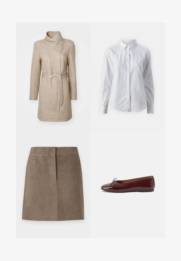 ONLY ONLELLI LIGHT - Korte frakker - walnut melange; Hvid skjorte med knapper lavet af glat bomuld, der har en klassisk krave, lange ærmer og en buet kant. Knapperne er små og hvide.; Taupe knælang ruskindsnederdel med lige pasform og skjulte sømdetaljer foran mod en ensfarvet baggrund.; Bordeaux patentlæder balletflad med rund tå, lille sløjfeaccent foran og en lav, sort gummisål. Glat tekstur.