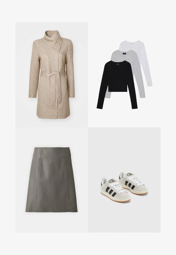 ONLY ONLELLI LIGHT - Krátký kabát - walnut melange; Tři trička s dlouhým rukávem naskládaná na sobě: černé, šedé a bílé. Každé má kulatý výstřih a kratší střih z hladkého, lehkého materiálu.; Selected Femme SLFNEW SKIRT - Kožená sukně - steel gray; Šedé semišové tenisky s bílými tkaničkami, černými pruhy a bílou gumovou podrážkou. Mají kulaté logo na jazyku a gumovou podrážku.
