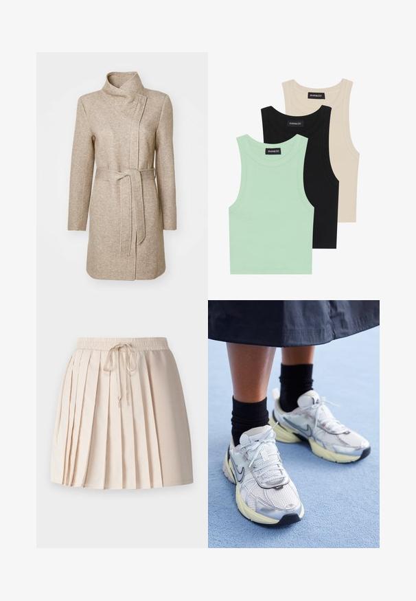 ONLY ONLELLI LIGHT - Īss mētelis - walnut melange; Trīs bezpiedurkņu topi mint zaļā, melnā un bēšā krāsā; izgatavoti no ribotas auduma ar apaļu dekoltē. Redzama zīmola etiķete.; Gaiši bež svārki ar krokām, izgatavoti no mīksta auduma. Ar elastīgu jostasvietu un auklu, kā arī vertikālām krokām, kas piešķir faktūru.; Baltie un sudraba Nike kedas ar tīkla audumu, atstarojošiem akcentiem un bēša zoli. Valkātas ar melnām zeķēm, stāvot uz zilas virsmas.