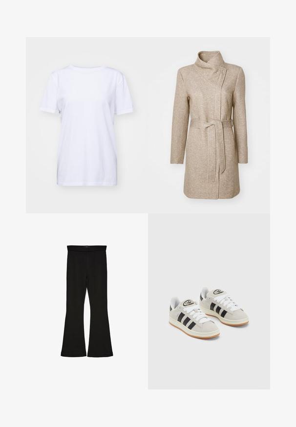 ONLY ONLELLI LIGHT - Palton scurt - walnut melange; Tricou alb din bumbac cu guler rotund, maneci scurte și croială lejeră. Textură netedă și fără modele sau embellismente vizibile.; Leggings negre cu tiv evazat, realizate dintr-un material elastic. Au o talie largă și o textură fină, cu o siluetă ajustată care se lărgește la tiv.; Adidași din suede gri cu șireți albi, dungi negre și talpă din cauciuc alb. Prezintă un logo circular pe limbă și o talpă din cauciuc.