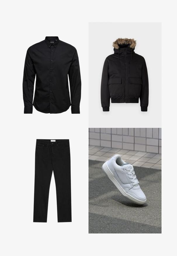 Schwarze Kapuzenjacke aus strapazierfähigem Material, mit einer mit Kunstfell gefütterten Kapuze, Frontreißverschluss und zwei großen Vorderaschen.; Schwarze Langarmhemd mit Knopfleiste aus Baumwolle. Es verfügt über einen klassischen Kragen, vordere Knöpfe und einen geraden Saum ohne Muster oder Verzierungen.; Schwarze gerade Jeans mit Fünf-Taschen-Design, Knopf- und Reißverschluss, und einem Pier One-Label am Bund.; Weiße Ledersneaker mit perforierten Seiten, strukturierten Akzenten, flachen Schnürsenkeln und einer kontrastierenden grauen Ferse. Verfügt über eine leicht erhöhte Sohle.