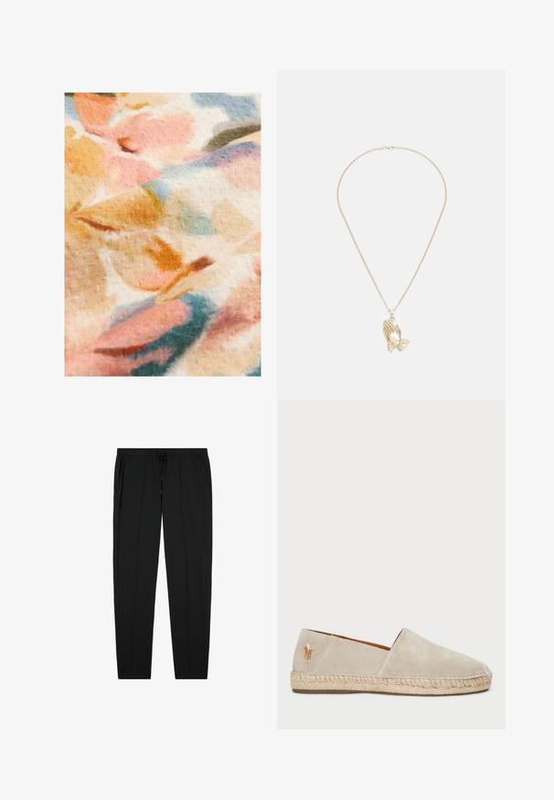 Groene shirtjack met een patroon van geometrische ontwerpen in rood, beige en donkergroen; gemaakt van zachte stof; bevat knopen en een borstzak.; Bloemengestoffeerde stof met zachte pastelkleuren, waaronder roze, oranje en blauw, met een gestructureerd oppervlak en een vervaagd patroonontwerp.; Korte mouwen t-shirt in lichtbruin, gemaakt van zachte stof, met een ronde halslijn en een relaxte pasvorm zonder zichtbare patronen of accenten.; Zwarte elastiche taillebroek met een trekkoord, voorzien van zijzakken en een gladde textuur, ontworpen met een rechte pijp.; Beige suède espadrille met een jute touwzool, voorzien van een gestructureerde afwerking en een klein geborduurd logo op de hak.; Goudkleurige halsketting met een sluiting, met een hanger van samengevouwen handen met details van ribbels en een gestructureerde afwerking.