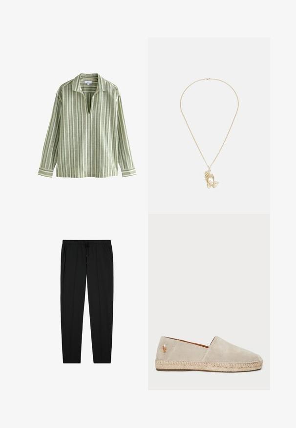Zelená vzorovaná košile s bundou, prezentující geometrické vzory v červené, béžové a tmavě zelené barvě; vyrobená z měkké látky; obsahuje knoflíky a náprsní kapsu.; Světle zelená pruhovaná dlouhá košile s límečkem, se svislými pruhy v různých odstínech zelené a krémové barvy a výstřihem ve tvaru V.; Černé elastické kalhoty v pase se stahovací šňůrkou, které mají boční kapsy a hladký povrch, navržené se střihem rovného nohavice.; Béžové semišové espadrilky s jutovou podrážkou, s texturovaným povrchem a malým vyšitým logem na patě.; Zlatý náhrdelník s uzávěrem, na kterém je přívěsek v podobě spojených rukou s podrobně zpracovanými rýhami a texturovaným povrchem.