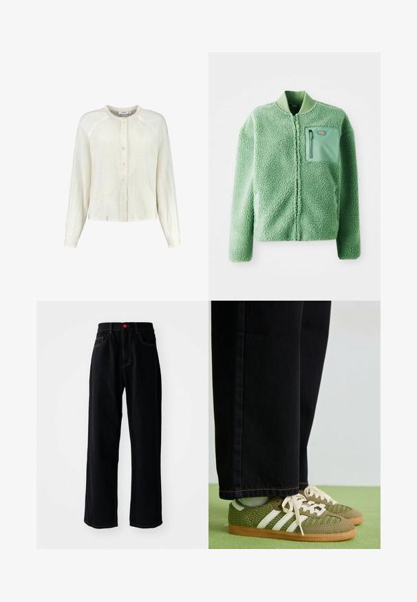Green fleece jacket with a textured surface, featuring a zippered chest pocket and a ribbed collar. Front zip closure, long sleeves.; Cream-colored, lightweight button-up shirt with long sleeves, textured fabric, and a round neckline. Features a subtle crinkle detail.; Light green long-sleeve t-shirt made of soft cotton, featuring a crew neckline and a small printed logo on the upper left side.; Black denim pants featuring a straight-leg design, classic five-pocket styling, red button detail, and contrasting gold stitching.; Green woven sneakers with white stripes, suede accents, and a gum rubber sole, paired with black denim pants.