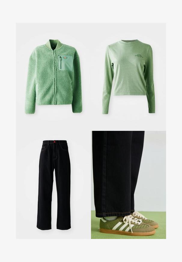 Zelená fleecová bunda s texturovaným povrchem, vybavená kapesními zipy na hrudi a žebrovaným límcem. Přední zipový uzávěr, dlouhé rukávy.; Světle zelené tričko s dlouhým rukávem vyrobené z jemné bavlny, s kulatým výstřihem a malým potiskem loga v horním levém rohu.; Černé džínové kalhoty s rovnými nohavicemi, klasickým pěti kapsovým střihem, červeným knoflíkem a kontrastním zlatým šitím.; Zelené tkané tenisky s bílými pruhy, semišovými akcenty a gumovou podrážkou, spárovány s černými denimovými kalhotami.