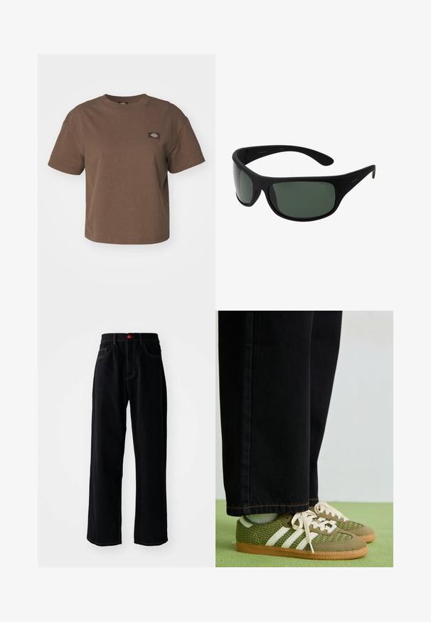 Roheline fliiskate, millel on tekstureeritud pind, varustatud lukuga rinnatasku ja soonikkoes kaelusega. Esimene lukuga kinnitamine, pikad varrukad.; Dickies OAKPORT BOXY TEE - Lihtne T-särk - mushroom; Mustad teksased, millel on sirge lõige, klassikaline viie taskuga stiil, punane nupudetail ja kontrastne kullane õmblus.; Rohelised põimitud spordijalatsid valgete triipudega, nahast detailidega ja kummist tallaga, kombineeritud mustade teksapükstega.; Mustad mustasviruliste läätsedega prillid. Matu viimistlus, kumer disain, sirged käed ja diskreetne bränding külgedel.