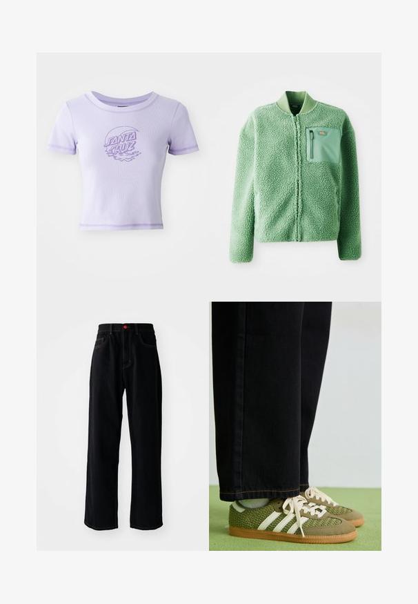 Green fleece jacket with a textured surface, featuring a zippered chest pocket and a ribbed collar. Front zip closure, long sleeves.; Purple fitted T-shirt with short sleeves, round neckline, and contrasting stitching. Features a "SANTA CRUZ" graphic design on the front.; Black denim pants featuring a straight-leg design, classic five-pocket styling, red button detail, and contrasting gold stitching.; Green woven sneakers with white stripes, suede accents, and a gum rubber sole, paired with black denim pants.