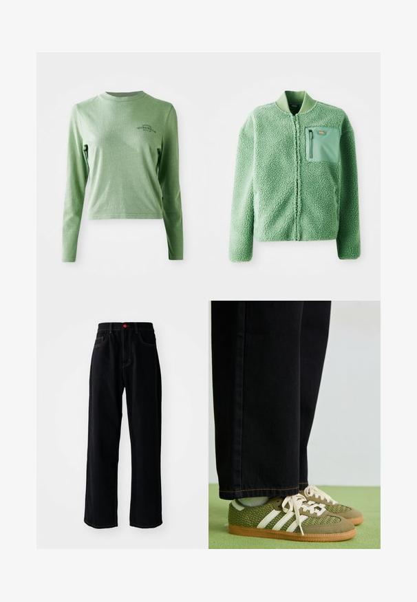 Zöld bolyhos dzseki texturált felülettel, cipzáras mellzsebbel és bordázott gallérral. Elől cipzárral záródik, hosszú ujjú.; Világoszöld, hosszú ujjú póló, puha pamutból készült, kerek nyakkivágással és egy kis emblémával a bal felső oldalon.; Fekete farmernadrág, egyenes szabású, klasszikus öt zsebes dizájnnal, piros gomb részletezéssel és kontrasztos arany varrással.; Zöld szőtt sportcipők fehér csíkokkal, velúr díszítéssel és gumi talppal, fekete farmernadrággal párosítva.